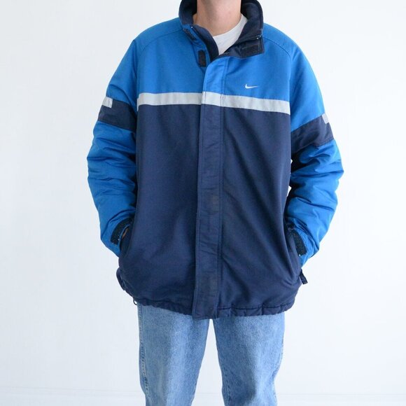 Vintage Y2K Nike Blue Reflective Fleece Lined Zip Up Winter Jacket XL - Picture 1 of 16